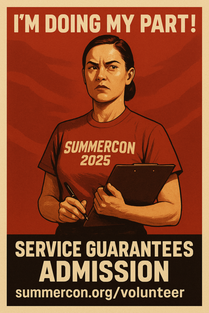 A no-nonsense woman in a red Summercon shirt stands watchfully with a clipboard, guarding the metaphorical green room. The poster evokes World War II propaganda aesthetics with bold red tones and heroic framing. Slogans read “I’M DOING MY PART!” and “SERVICE GUARANTEES ADMISSION.”
Includes the link https://summercon.org/volunteer